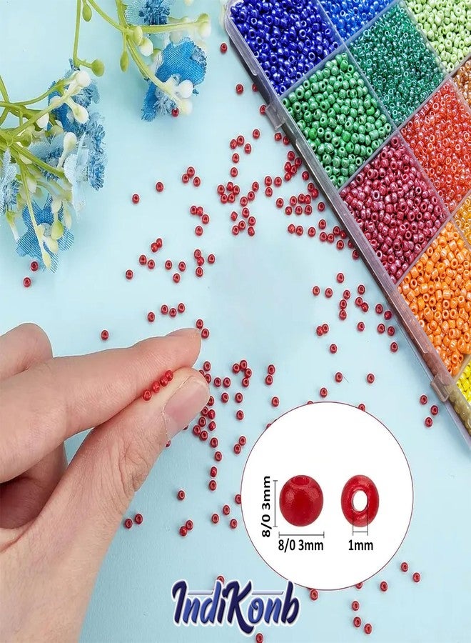 INDIKONB 15 Multicolor Shiny Opaque Luster Glass Seed Beads Kit with Nylon Thread | 3mm Small Beads for Jewellery Making, Beading, Embroidery, Art & Craft (Size 8/0) - Image 2